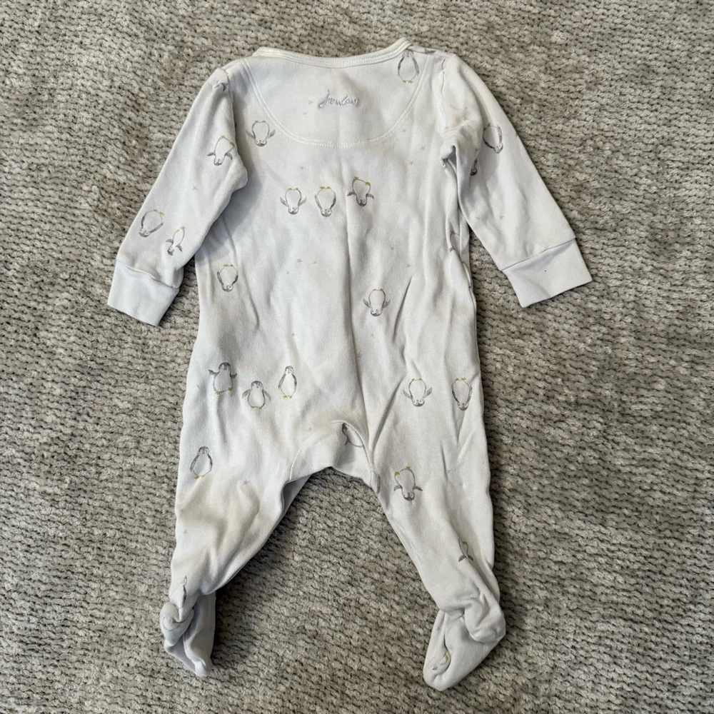 Joules Baby Penguin‎ Print Footed Sleeper White Cotton 0–3M Long Sleeve